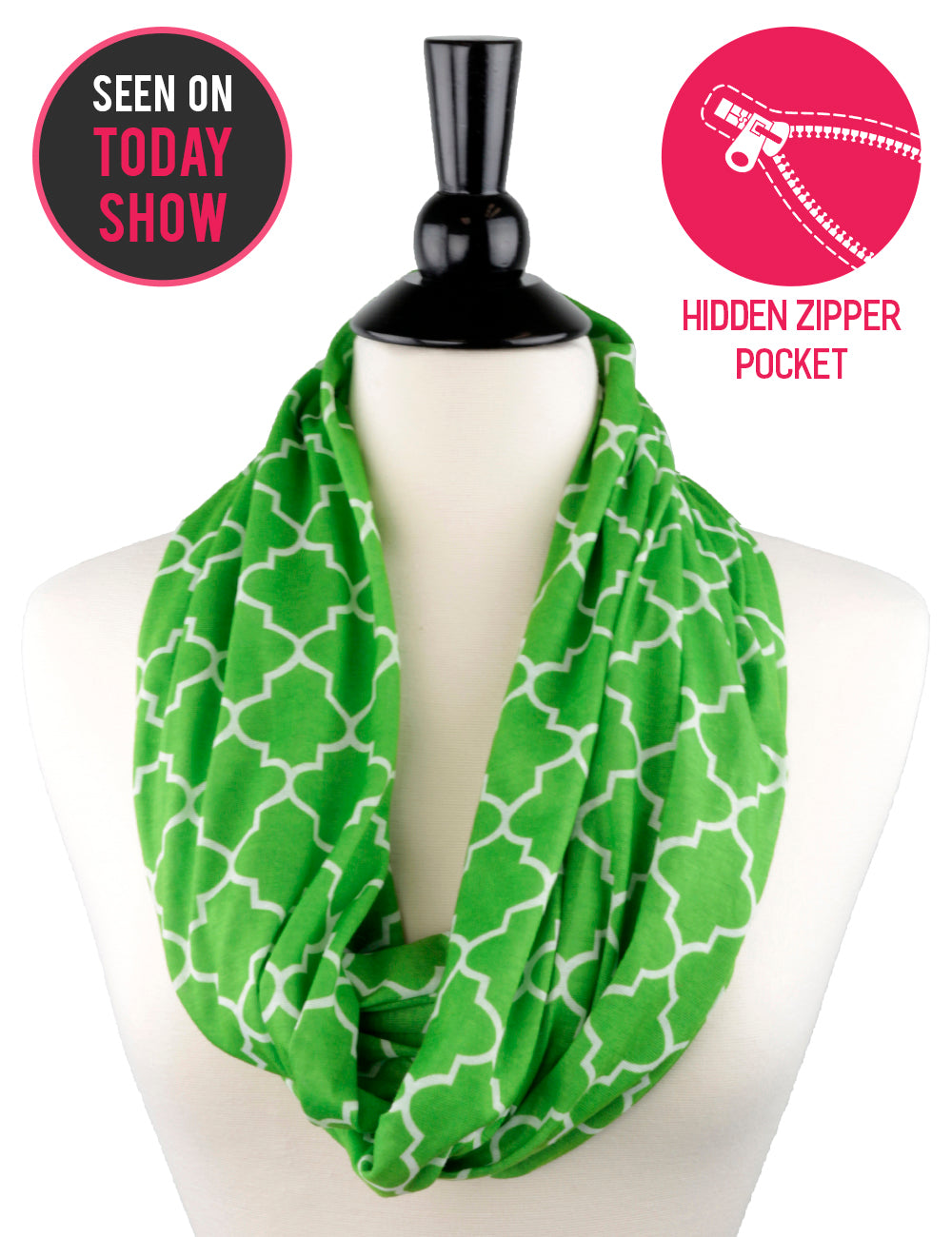 Women's Infinity Scarf with Zipper Pocket, Infinity Scarves with Quatrefoil Patterned Scarf Design & Hidden Zipper Pocket - Pop Fashion