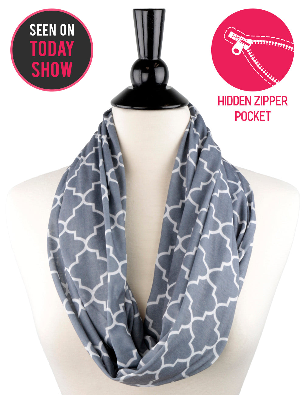 Women's Infinity Scarf with Zipper Pocket, Infinity Scarves with Quatrefoil Patterned Scarf Design & Hidden Zipper Pocket - Pop Fashion
