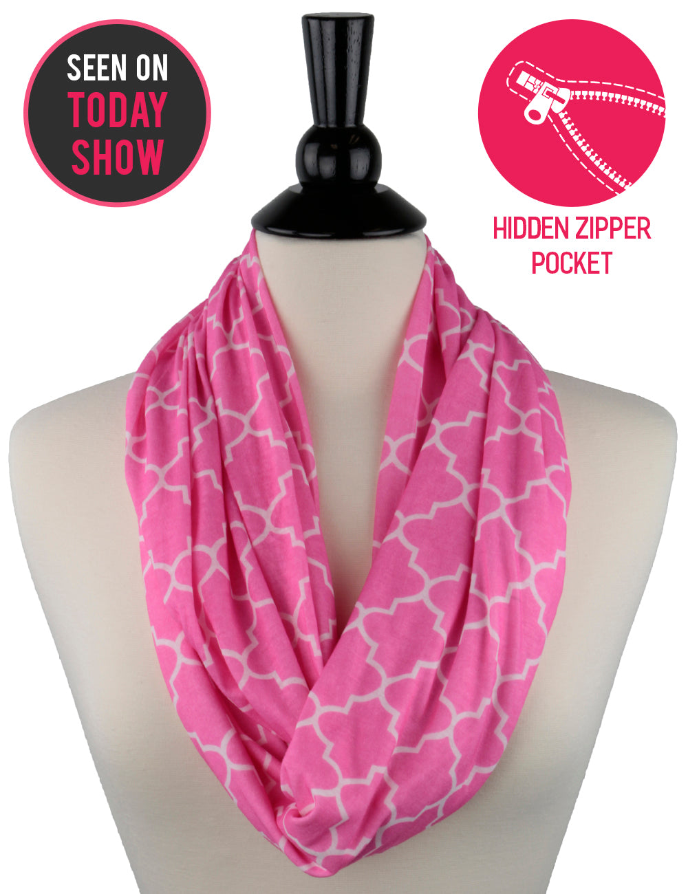 Women's Infinity Scarf with Zipper Pocket, Infinity Scarves with Quatrefoil Patterned Scarf Design & Hidden Zipper Pocket - Pop Fashion