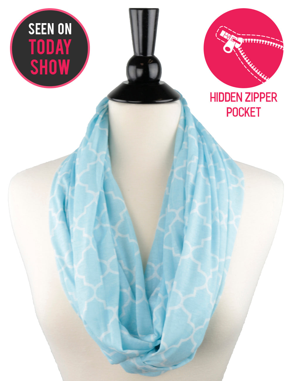 Women's Infinity Scarf with Zipper Pocket, Infinity Scarves with Quatrefoil Patterned Scarf Design & Hidden Zipper Pocket - Pop Fashion