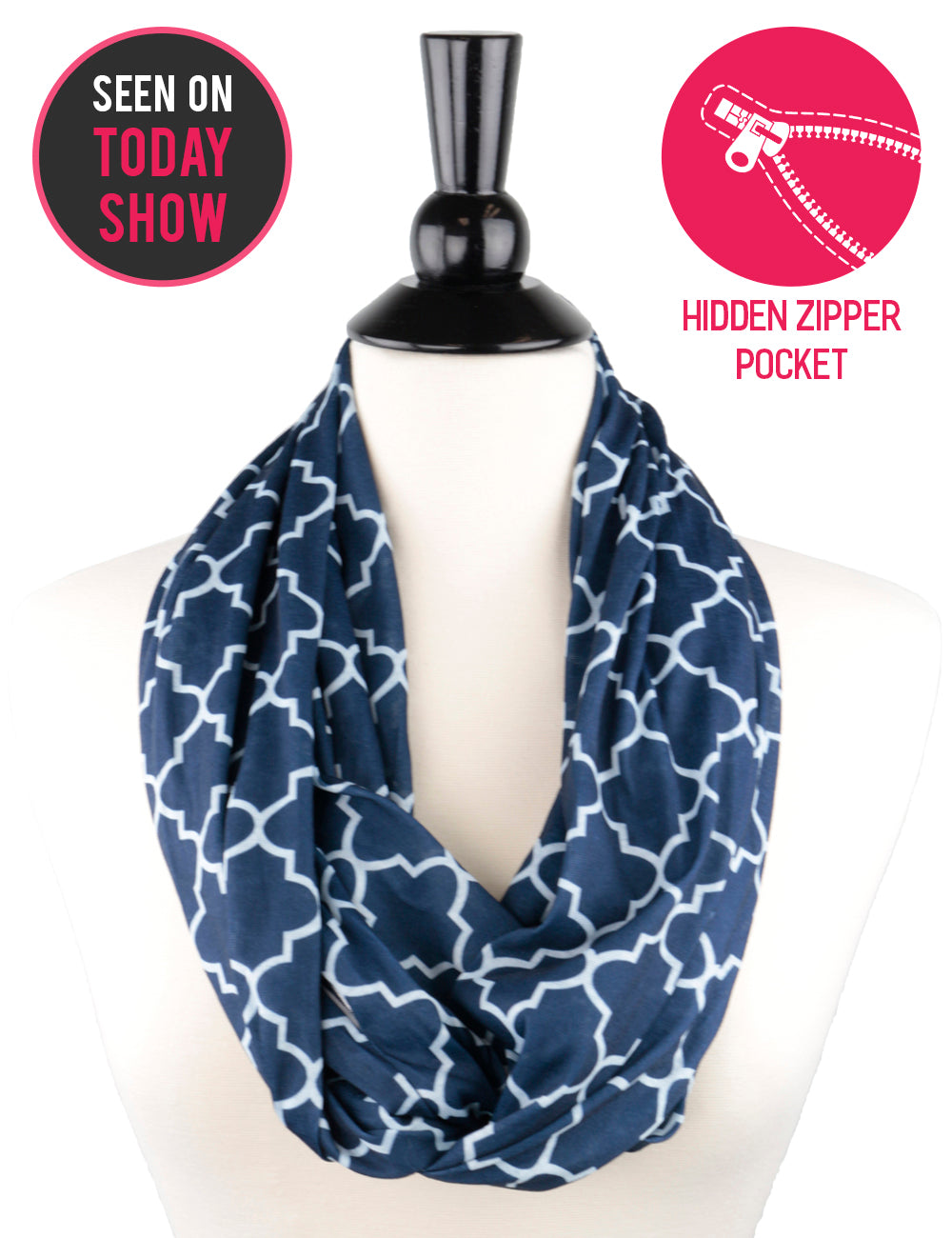 Women's Infinity Scarf with Zipper Pocket, Infinity Scarves with Quatrefoil Patterned Scarf Design & Hidden Zipper Pocket - Pop Fashion