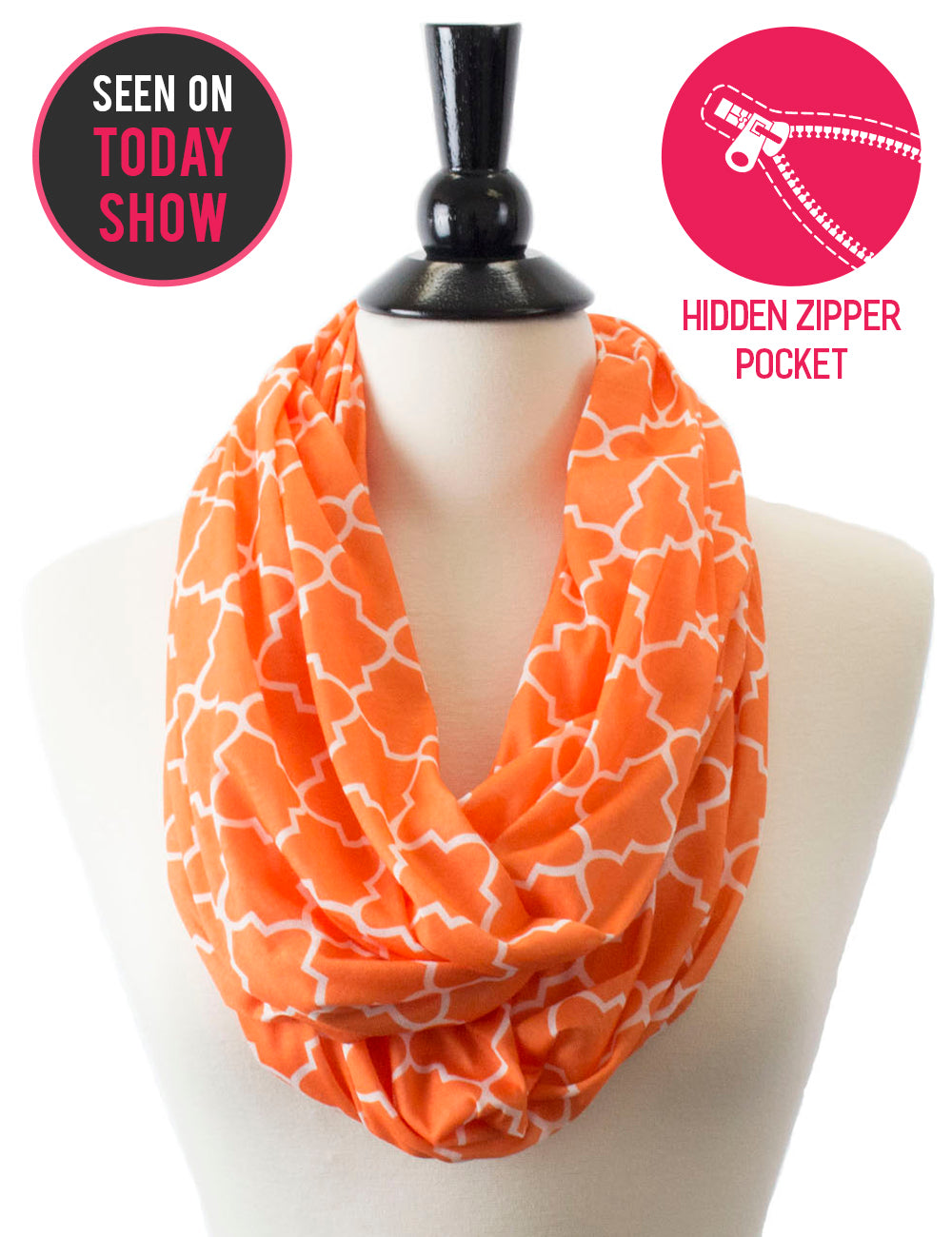 Women's Infinity Scarf with Zipper Pocket, Infinity Scarves with Quatrefoil Patterned Scarf Design & Hidden Zipper Pocket - Pop Fashion