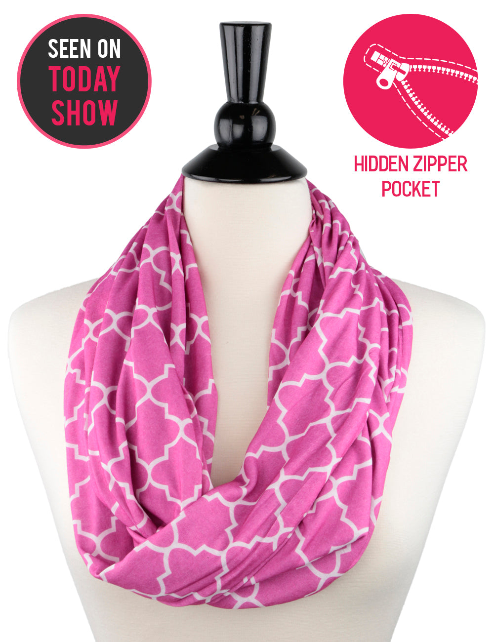 Women's Infinity Scarf with Zipper Pocket, Infinity Scarves with Quatrefoil Patterned Scarf Design & Hidden Zipper Pocket - Pop Fashion
