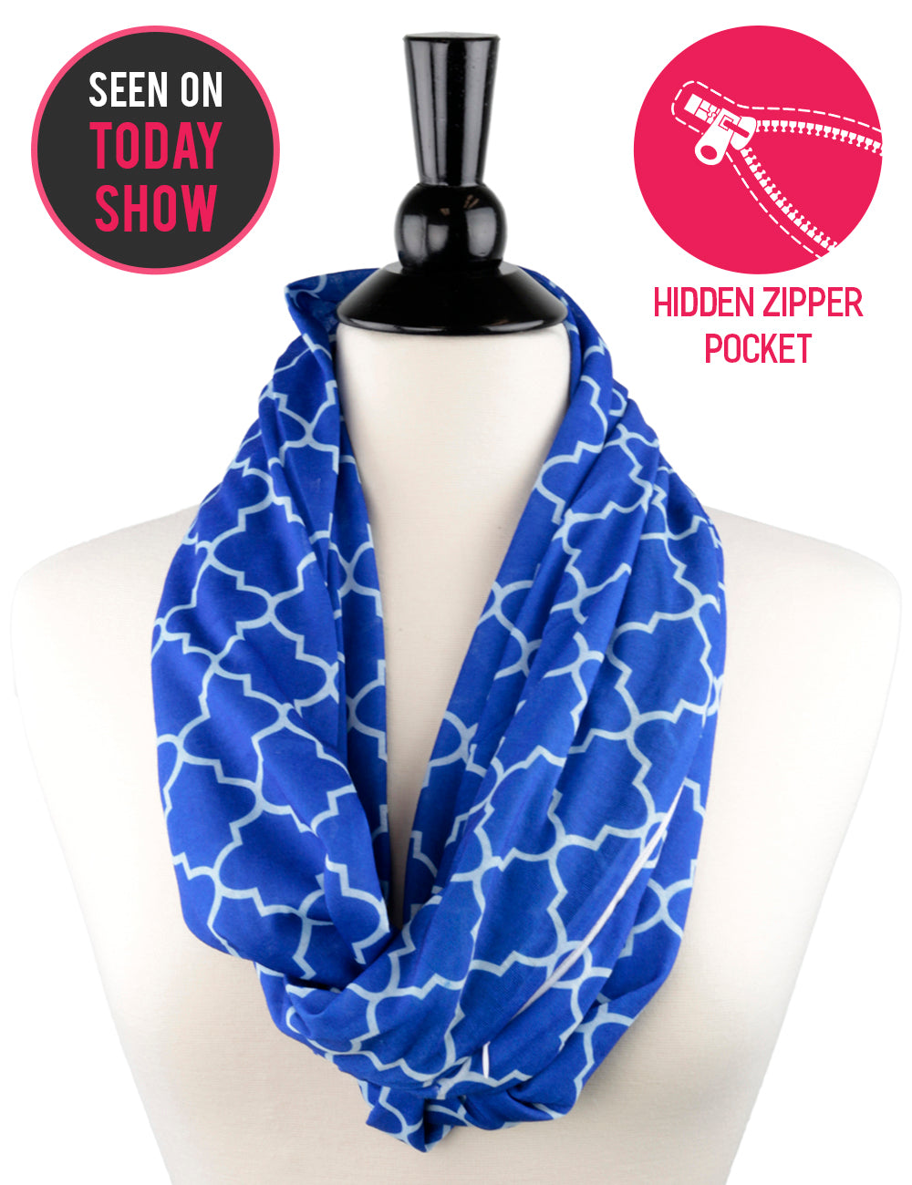 Women's Infinity Scarf with Zipper Pocket, Infinity Scarves with Quatrefoil Patterned Scarf Design & Hidden Zipper Pocket - Pop Fashion
