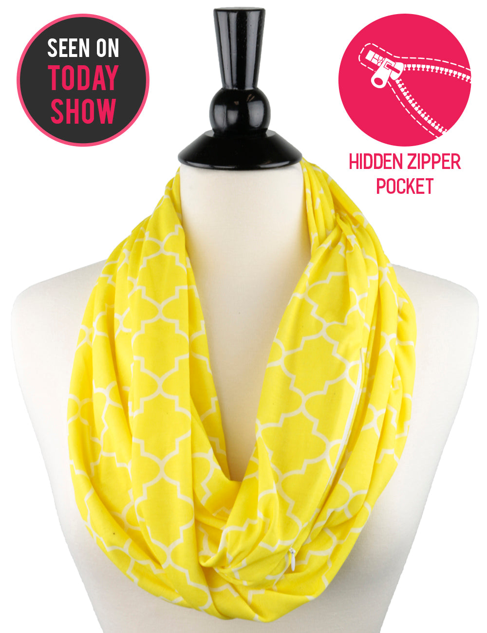 Women's Infinity Scarf with Zipper Pocket, Infinity Scarves with Quatrefoil Patterned Scarf Design & Hidden Zipper Pocket - Pop Fashion