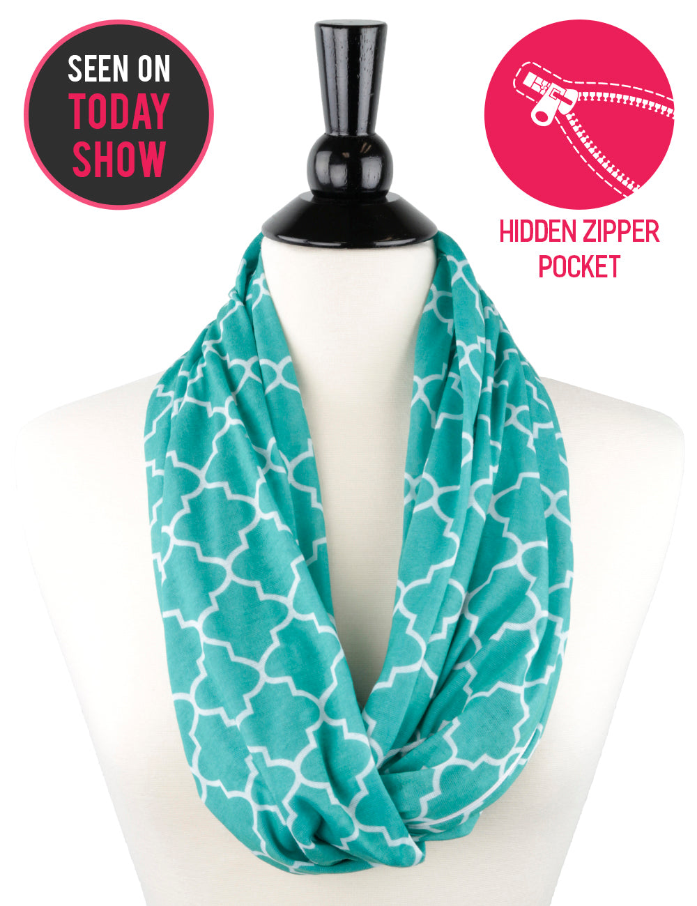 Women's Infinity Scarf with Zipper Pocket, Infinity Scarves with Quatrefoil Patterned Scarf Design & Hidden Zipper Pocket - Pop Fashion