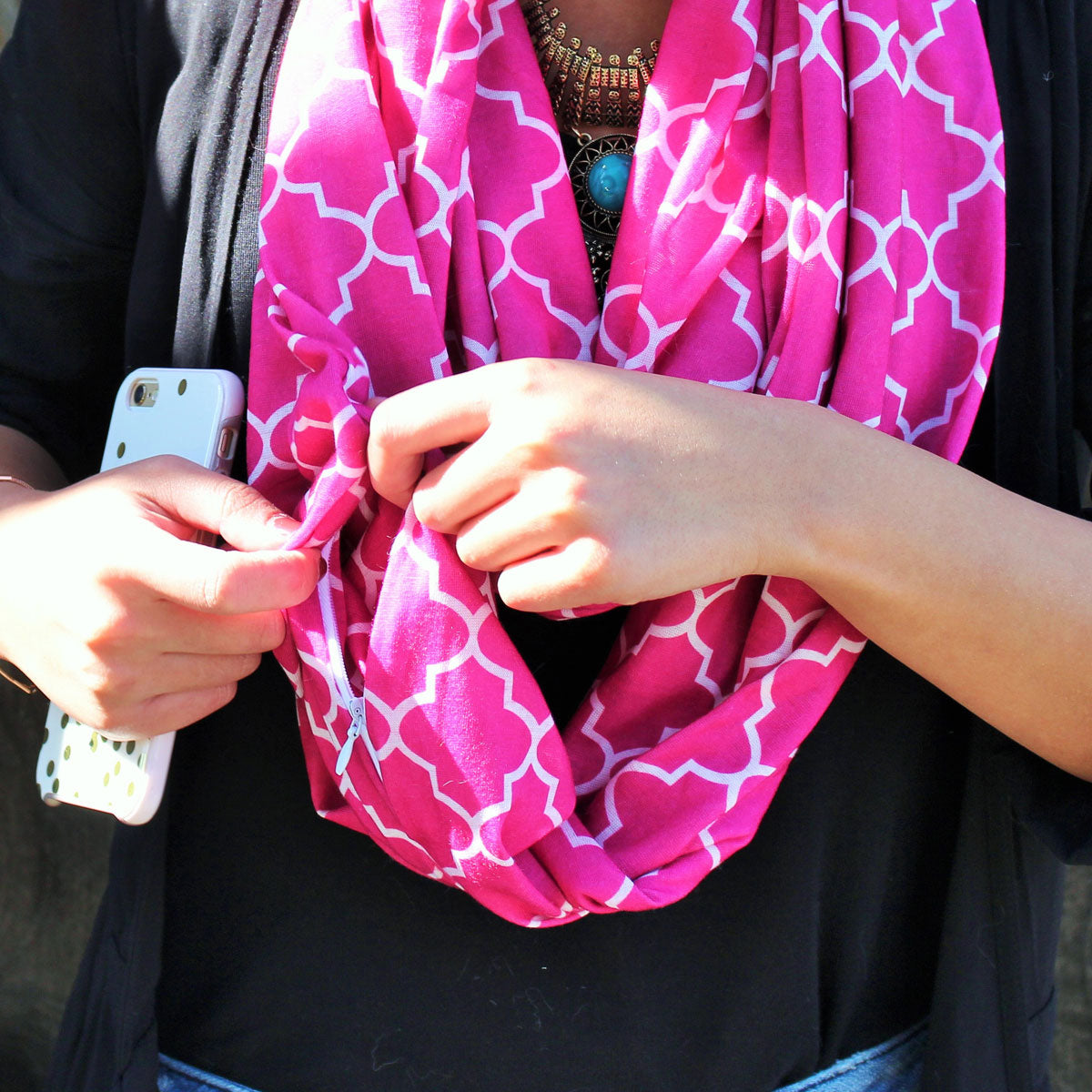 Women's Infinity Scarf with Zipper Pocket, Infinity Scarves with Quatrefoil Patterned Scarf Design & Hidden Zipper Pocket - Pop Fashion