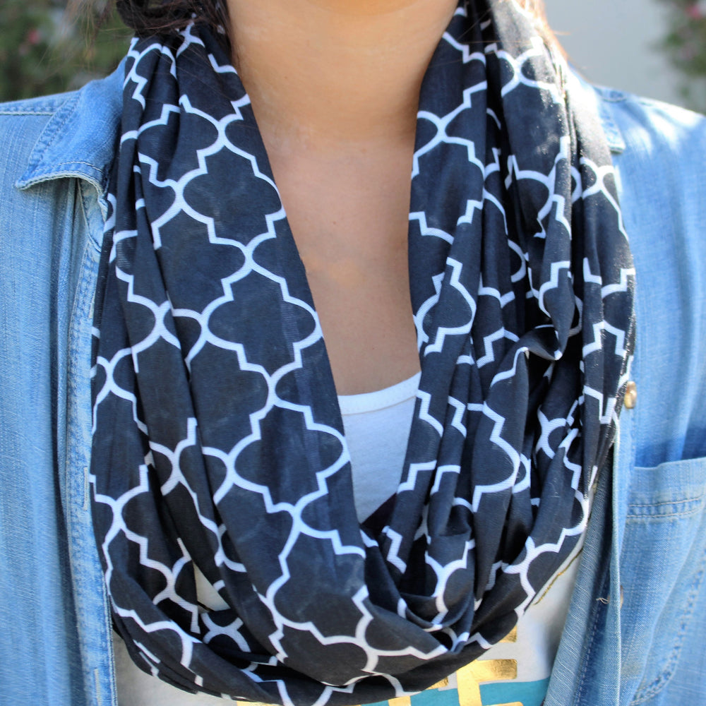 Women's Infinity Scarf with Zipper Pocket, Infinity Scarves with Quatrefoil Patterned Scarf Design & Hidden Zipper Pocket - Pop Fashion