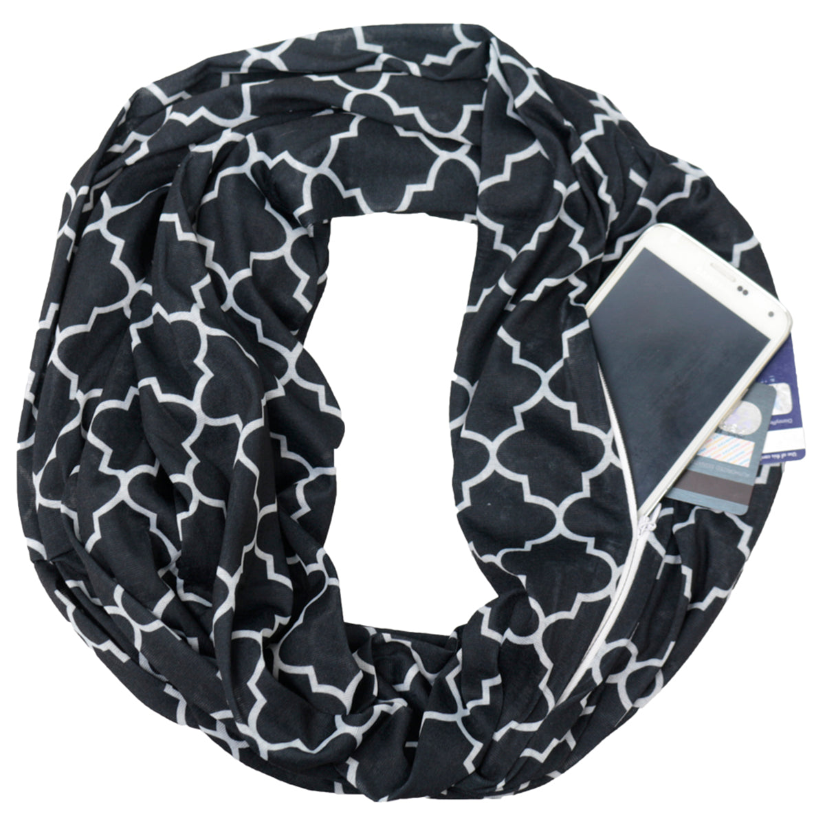 Women's Infinity Scarf with Zipper Pocket, Infinity Scarves with Quatrefoil Patterned Scarf Design & Hidden Zipper Pocket - Pop Fashion