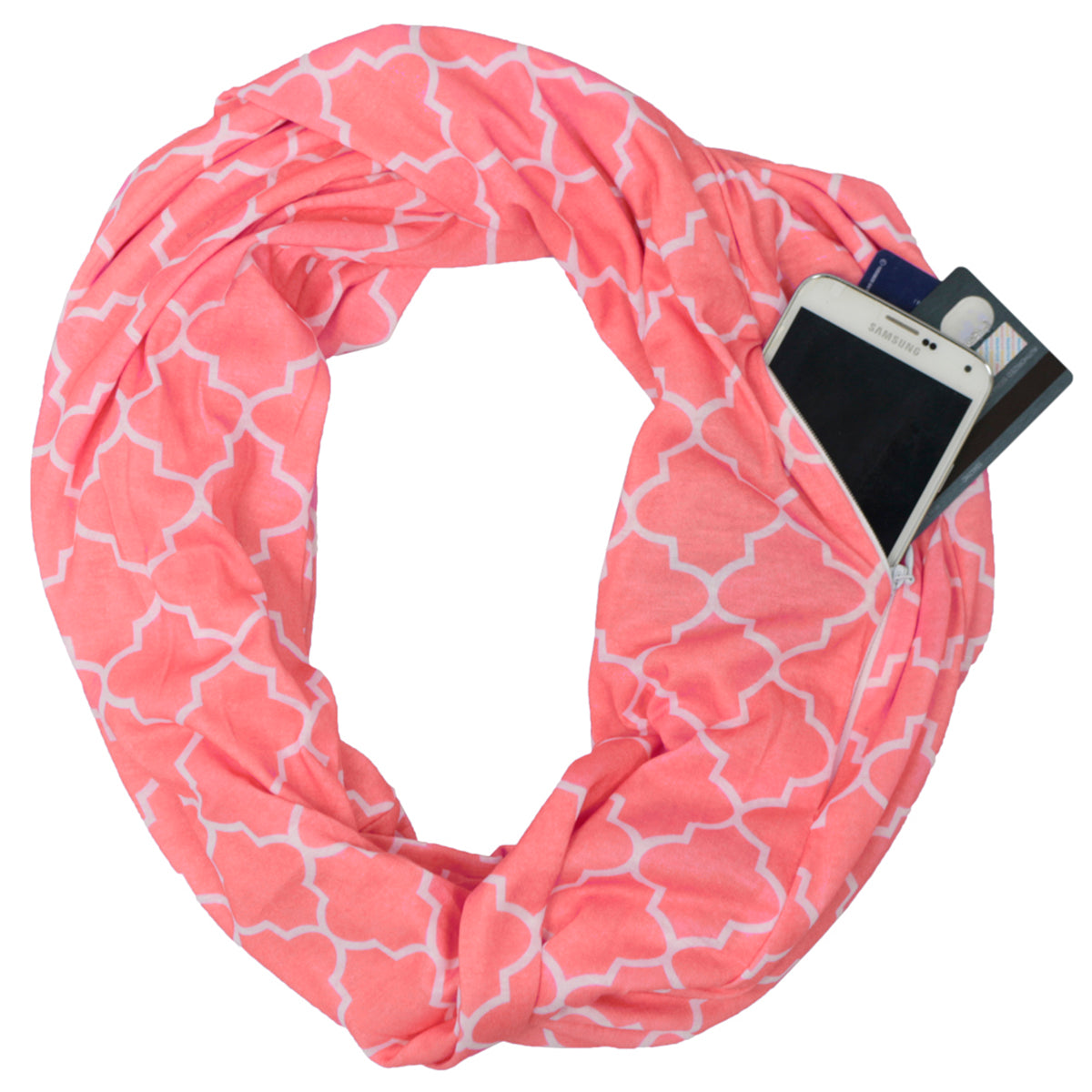 Women's Infinity Scarf with Zipper Pocket, Infinity Scarves with Quatrefoil Patterned Scarf Design & Hidden Zipper Pocket - Pop Fashion