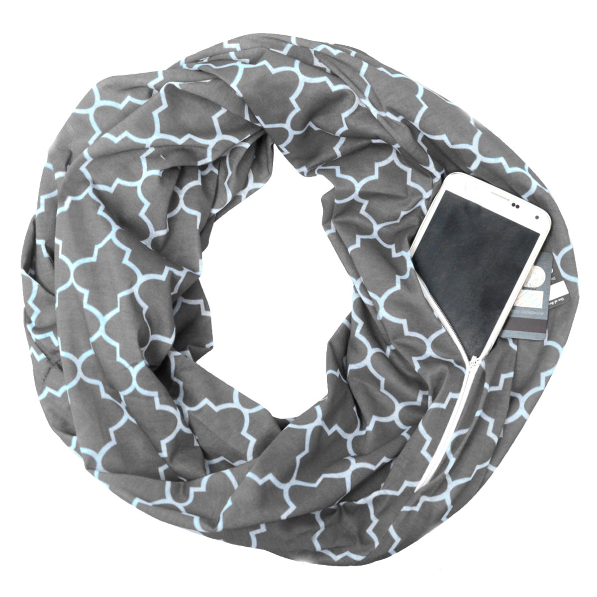 Women's Infinity Scarf with Zipper Pocket, Infinity Scarves with Quatrefoil Patterned Scarf Design & Hidden Zipper Pocket - Pop Fashion