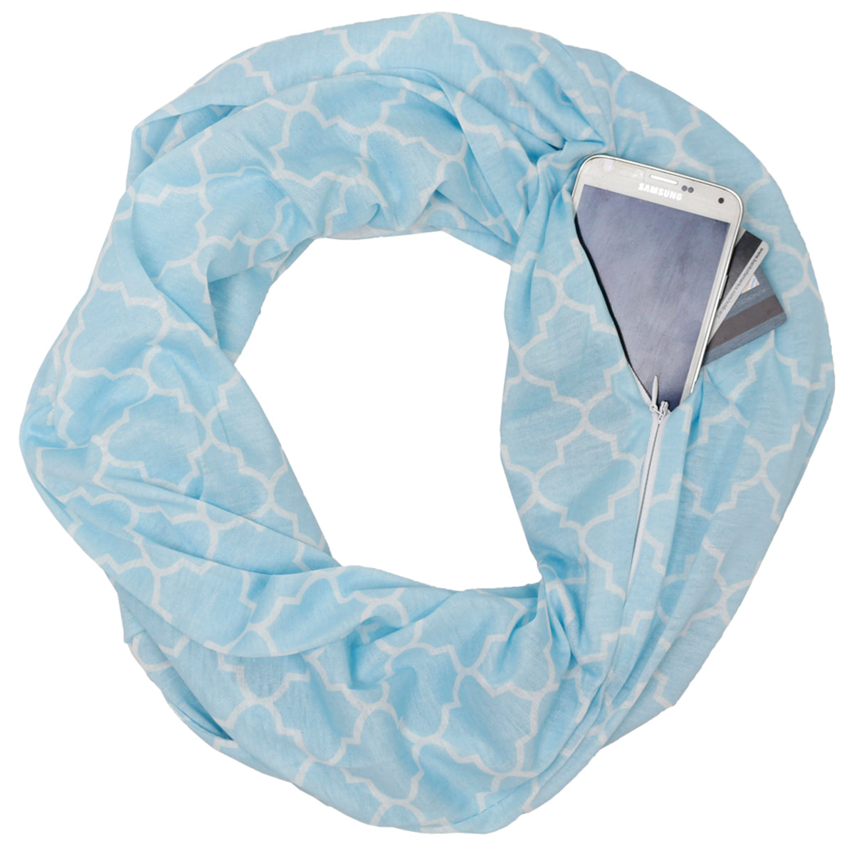 Women's Infinity Scarf with Zipper Pocket, Infinity Scarves with Quatrefoil Patterned Scarf Design & Hidden Zipper Pocket - Pop Fashion