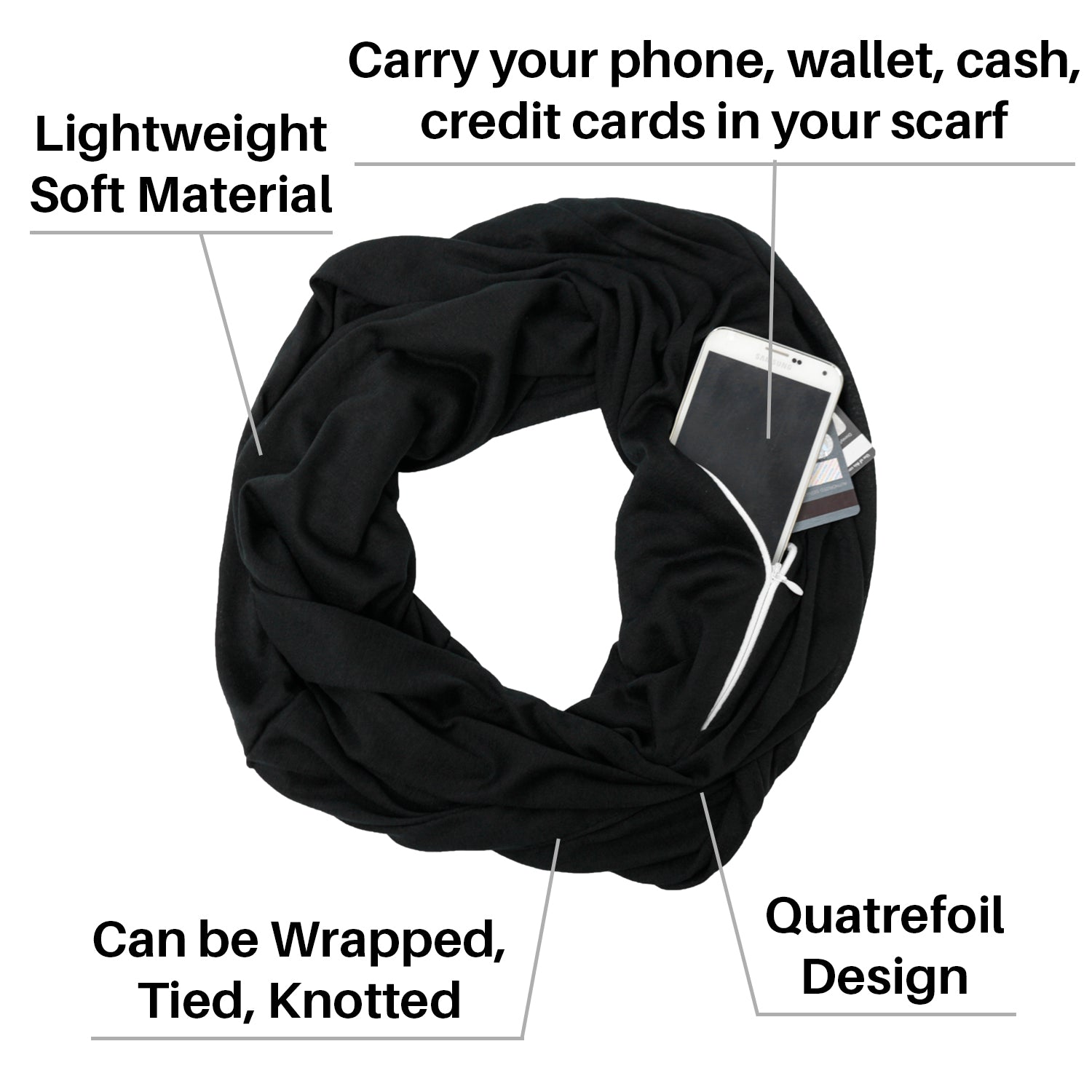 Women's Infinity Scarf with Zipper Pocket, Infinity Scarves with Quatrefoil Patterned Scarf Design & Hidden Zipper Pocket - Pop Fashion