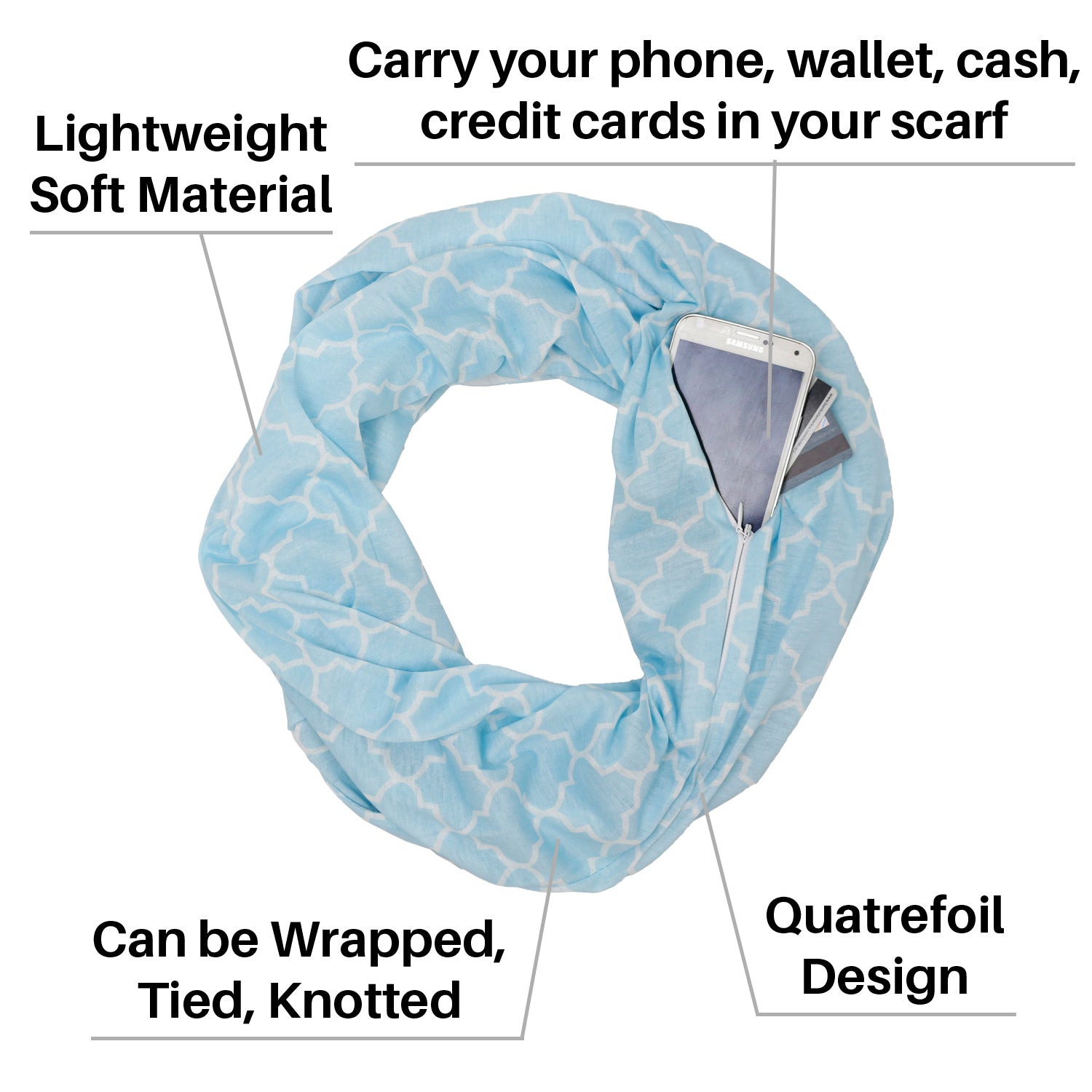 Women's Infinity Scarf with Zipper Pocket, Infinity Scarves with Quatrefoil Patterned Scarf Design & Hidden Zipper Pocket - Pop Fashion