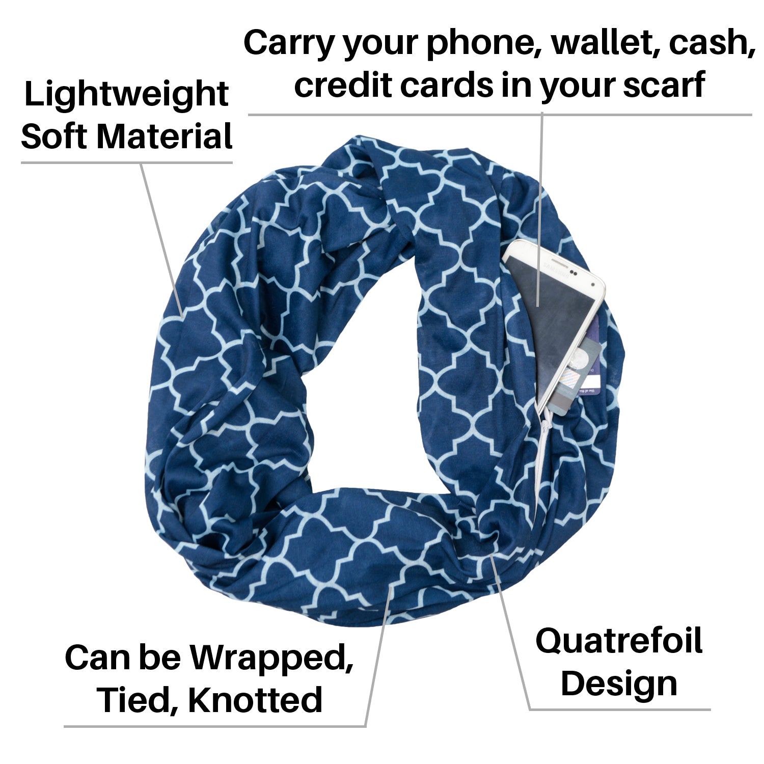Women's Infinity Scarf with Zipper Pocket, Infinity Scarves with Quatrefoil Patterned Scarf Design & Hidden Zipper Pocket - Pop Fashion