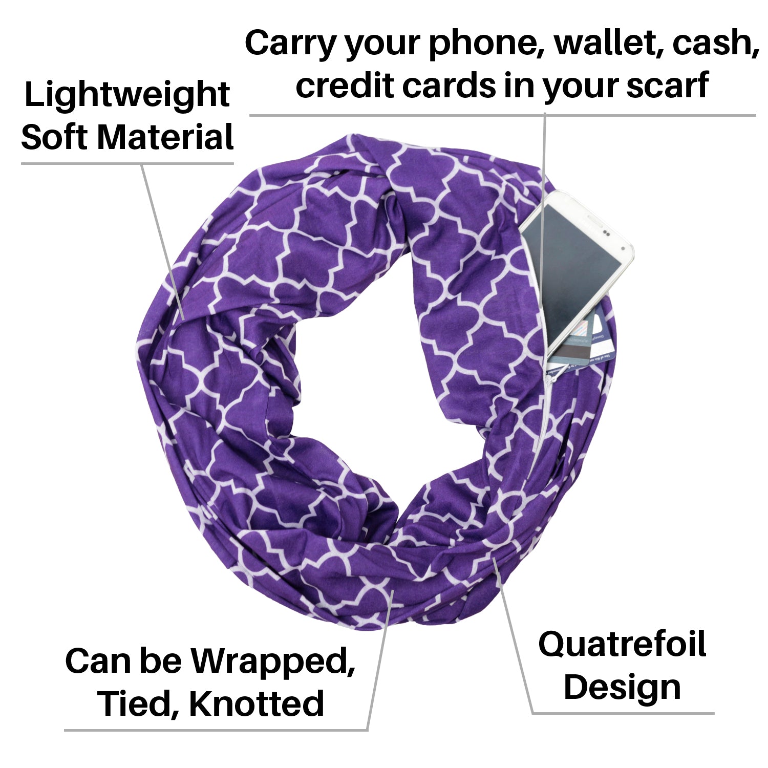 Women's Infinity Scarf with Zipper Pocket, Infinity Scarves with Quatrefoil Patterned Scarf Design & Hidden Zipper Pocket - Pop Fashion