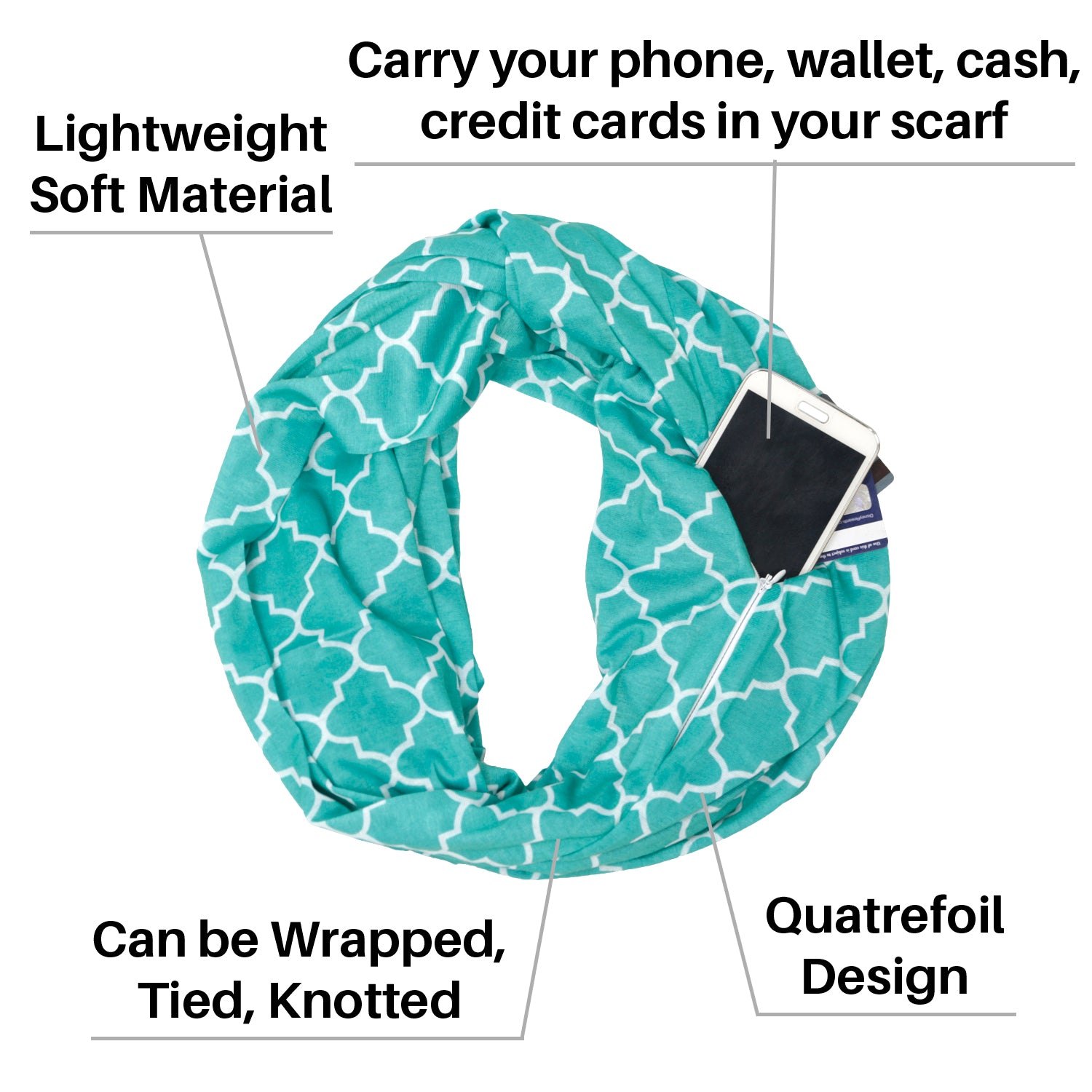 Women's Infinity Scarf with Zipper Pocket, Infinity Scarves with Quatrefoil Patterned Scarf Design & Hidden Zipper Pocket - Pop Fashion