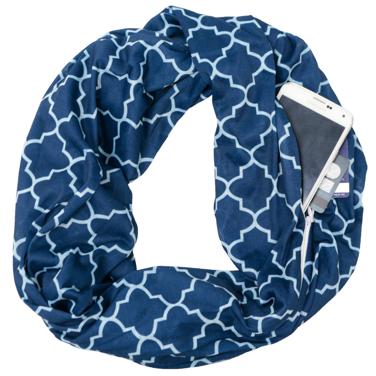 Women's Infinity Scarf with Zipper Pocket, Infinity Scarves with Quatrefoil Patterned Scarf Design & Hidden Zipper Pocket - Pop Fashion