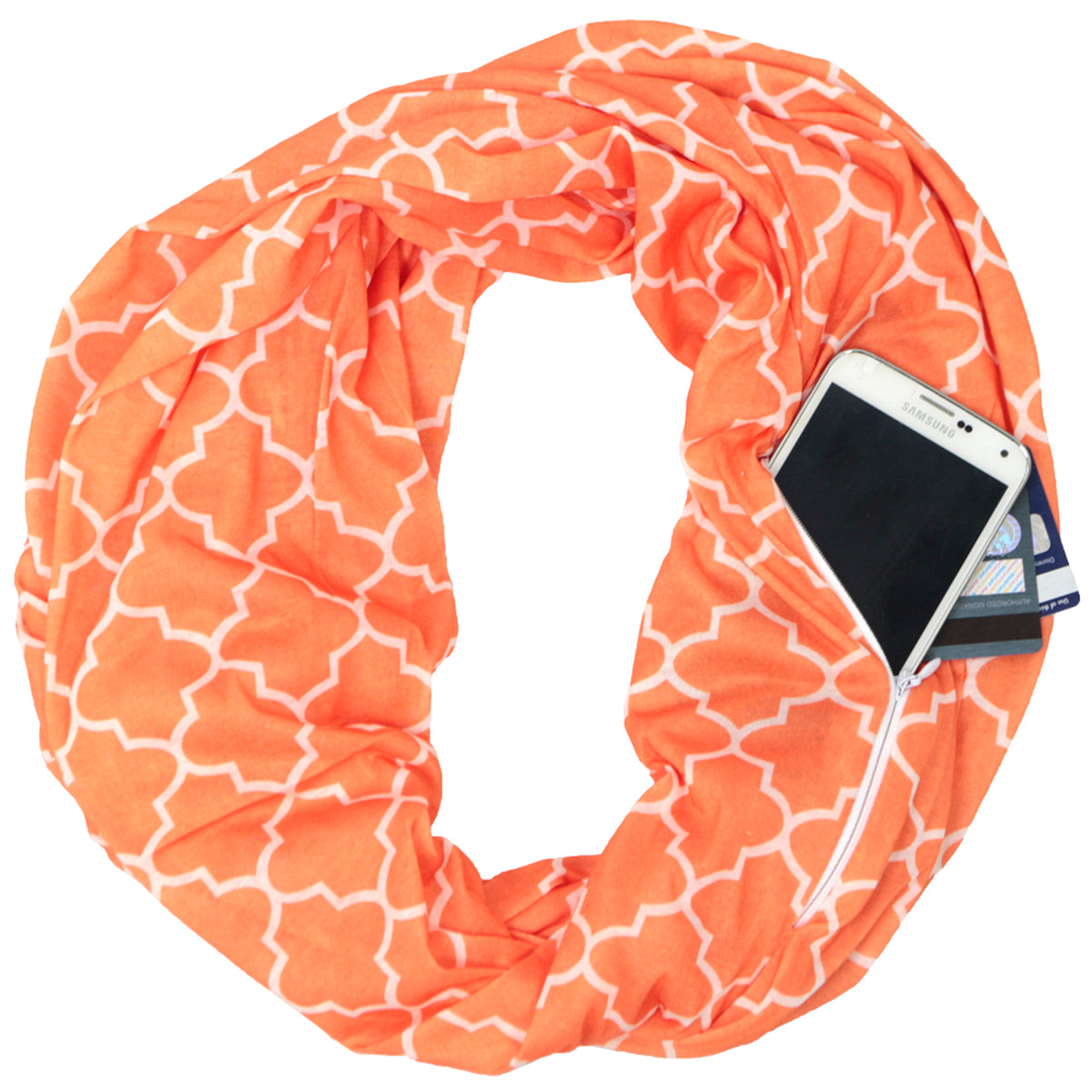 Women's Infinity Scarf with Zipper Pocket, Infinity Scarves with Quatrefoil Patterned Scarf Design & Hidden Zipper Pocket - Pop Fashion
