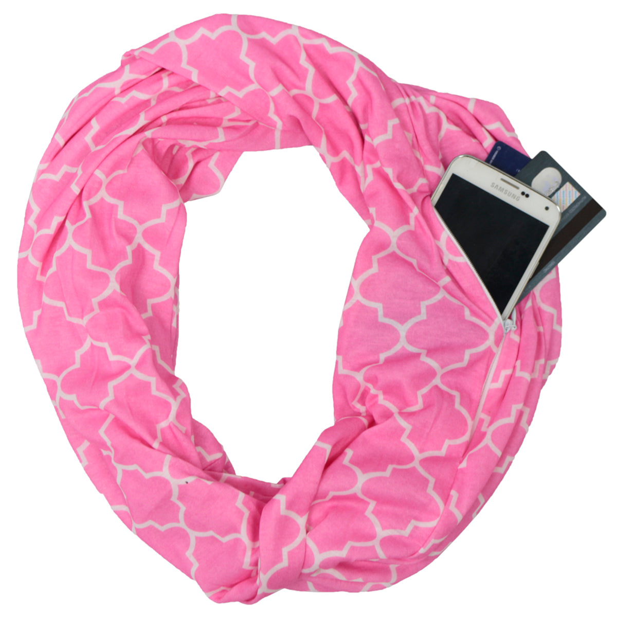 Women's Infinity Scarf with Zipper Pocket, Infinity Scarves with Quatrefoil Patterned Scarf Design & Hidden Zipper Pocket - Pop Fashion