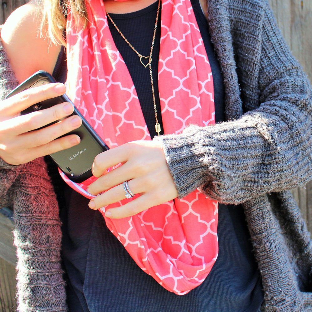 Women's Infinity Scarf with Zipper Pocket, Infinity Scarves with Quatrefoil Patterned Scarf Design & Hidden Zipper Pocket - Pop Fashion