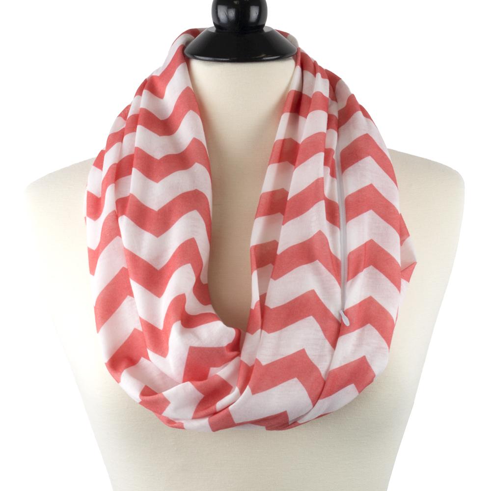 Women's Chevron Print Infinity Scarf with Zipper Pocket, Chevron Scarf Design, Infinity Scarves - Pop Fashion