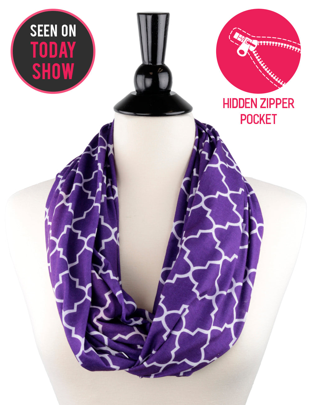Women's Infinity Scarf with Zipper Pocket, Infinity Scarves with Quatrefoil Patterned Scarf Design & Hidden Zipper Pocket - Pop Fashion