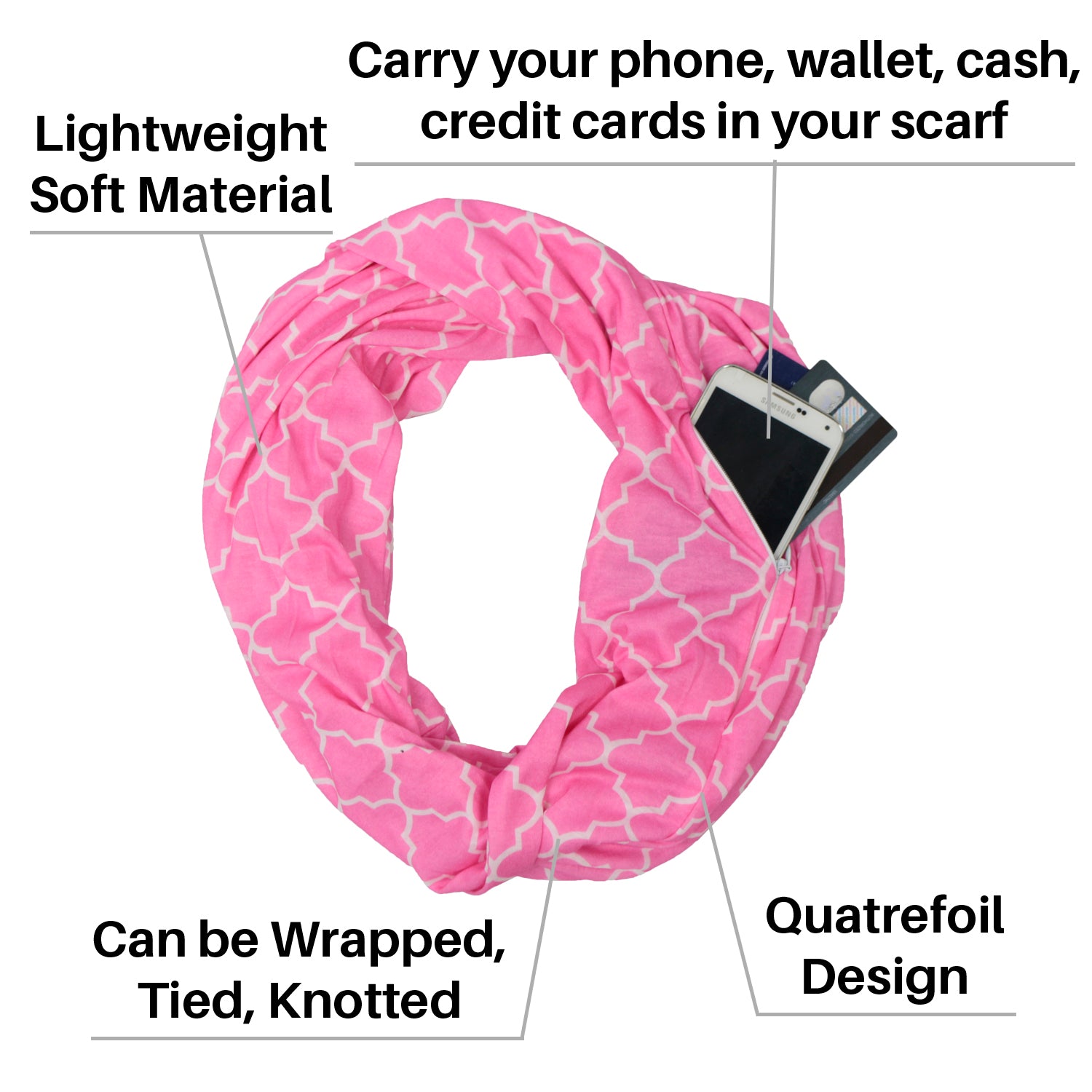 Women's Infinity Scarf with Zipper Pocket, Infinity Scarves with Quatrefoil Patterned Scarf Design & Hidden Zipper Pocket - Pop Fashion