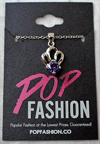 Silvertone CZ Pendant Necklace with Shell Crown Design - Purple Stone - Pop Fashion - Pop Fashion