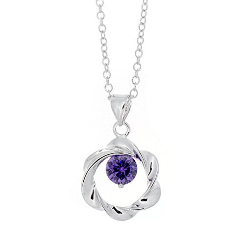 Silvertone Open Twist Cubic Zirconia Circle Pendant Necklace - Purple CZ Stone - Pop Fashion