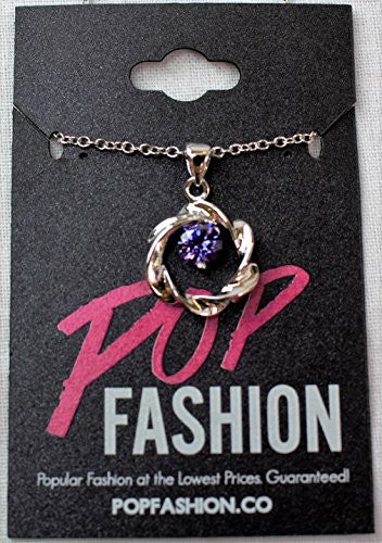 Silvertone Open Twist Cubic Zirconia Circle Pendant Necklace - Purple CZ Stone - Pop Fashion - Pop Fashion
