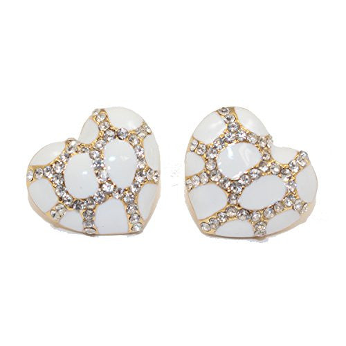 Heart Stud Earrings with Studded CZ Diamond Pattern - Gold with White - Pop Fashion