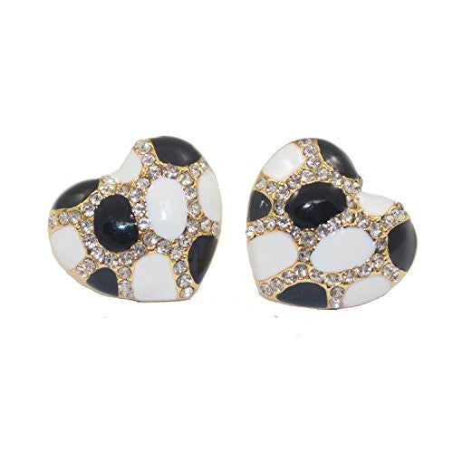 Heart Stud Earrings with Studded CZ Diamond Pattern - Gold with White and Black - Pop Fashion