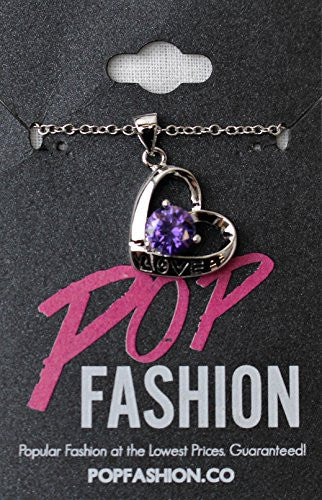 Love Necklaces, Open Hearts Necklace with Love inscription, Silvertone Heart Pendant I Love You, Purple - Pop Fashion
