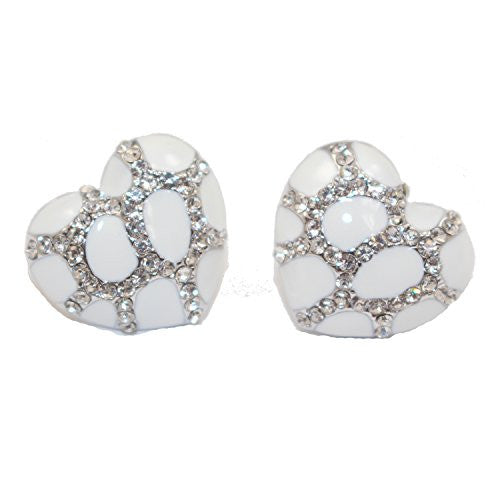 Heart Stud Earrings with Studded CZ Diamond Pattern - Silvertone with White - Pop Fashion