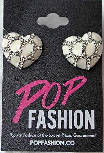 Heart Stud Earrings with Studded CZ Diamond Pattern - Silvertone with White - Pop Fashion - Pop Fashion