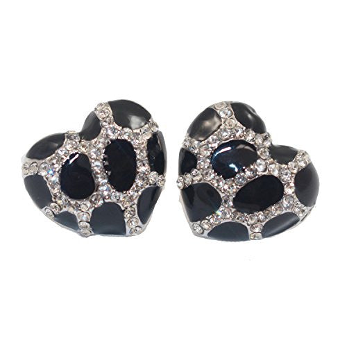 Heart Stud Earrings with Studded CZ Diamond Pattern - Silvertone with Black - Pop Fashion