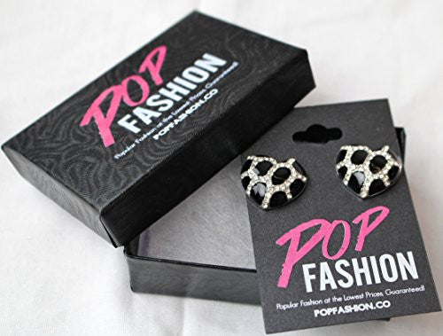 Heart Stud Earrings with Studded CZ Diamond Pattern - Silvertone with Black - Pop Fashion - Pop Fashion