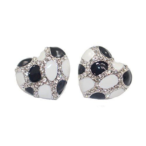 Heart Stud Earrings with Studded CZ Diamond Pattern - Silvertone with Black and White - Pop Fashion - Pop Fashion