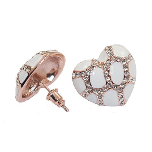 Heart Stud Earrings with Studded CZ Diamond Pattern - Rose Gold Plated with White - Pop Fashion