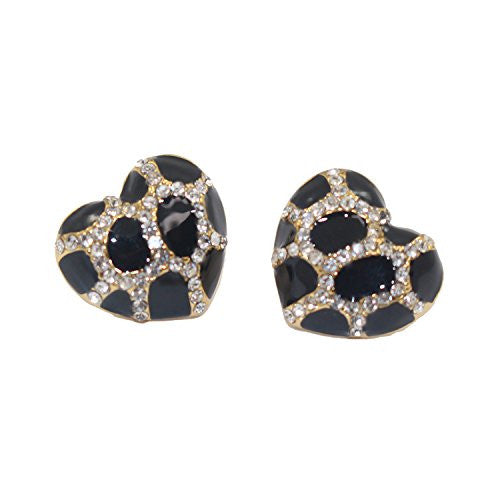 Heart Stud Earrings with Studded CZ Diamond Pattern - Rose Gold Plated with Black - Pop Fashion