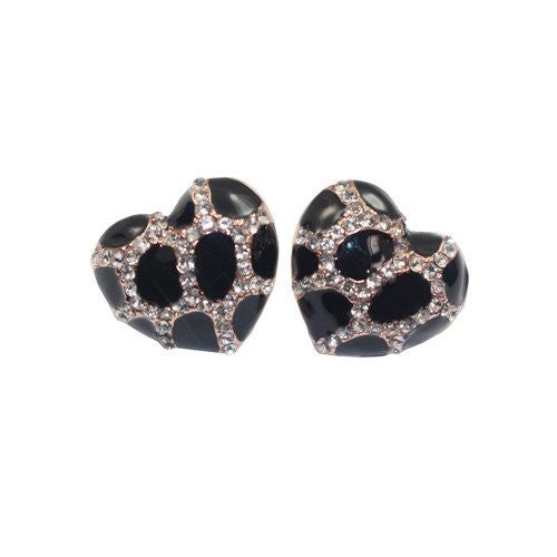 Heart Stud Earrings with Studded CZ Diamond Pattern - Rose Gold Plated with Black - Pop Fashion - Pop Fashion