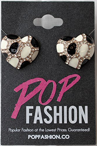 Heart Stud Earrings with Studded CZ Diamond Pattern - Rose Gold Plated with Black and White - Pop Fashion - Pop Fashion