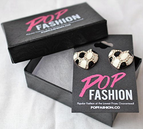 Heart Stud Earrings with Studded CZ Diamond Pattern - Rose Gold Plated with Black and White - Pop Fashion - Pop Fashion