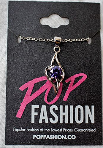 Silvertone CZ Wing Pendant Necklace with Center Stone - Purple Stone - Pop Fashion - Pop Fashion