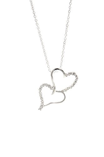 Silvertone Heart Pendant Necklace, Double Open Hearts CZ Necklace - Pop Fashion Jewelry - Pop Fashion