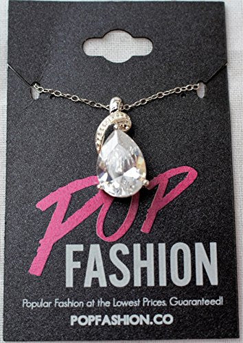 Silvertone Teardrop Cubic Zirconia Stone Pendant - Pear Shape - Pop Fashion - Pop Fashion