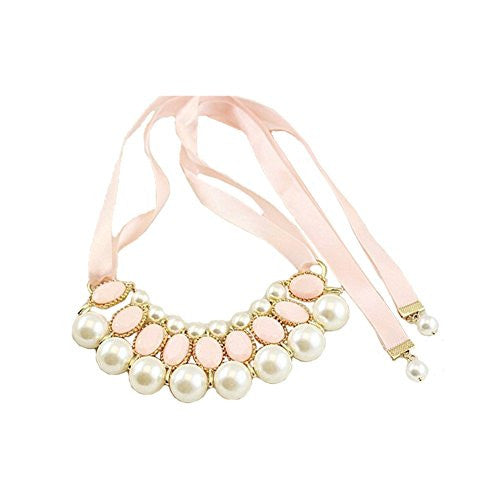 Satin Ribbon Necklace with Gem Beads and Faux Pearls - Pink and Pearl - Pop Fashion - Pop Fashion
