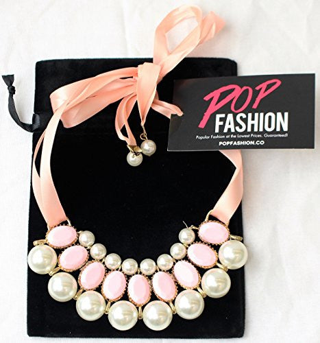Satin Ribbon Necklace with Gem Beads and Faux Pearls - Pink and Pearl - Pop Fashion - Pop Fashion