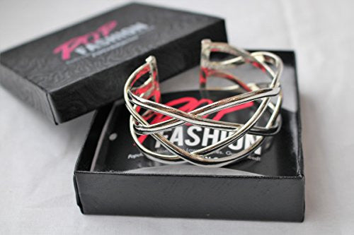 Silver Cuff Bracelets, Bangle Bracelet with Designer Inspired Jewelry Woven Style - Pop Fashion